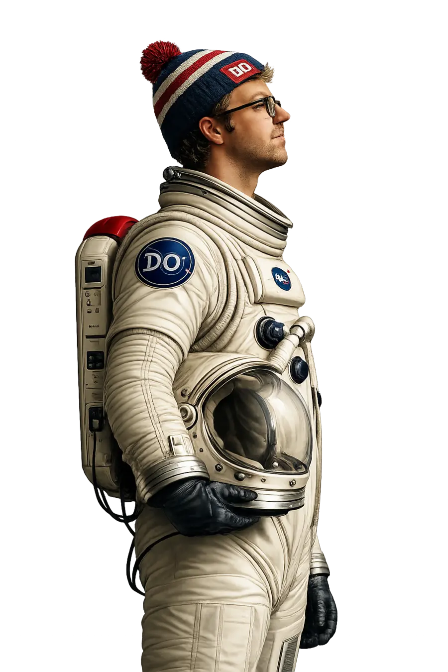 An astronaut in a knit beanie with the DO logo, helmet tucked under his arm